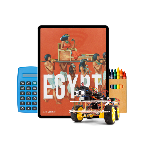 calculator, tablet, crayons, and a toy