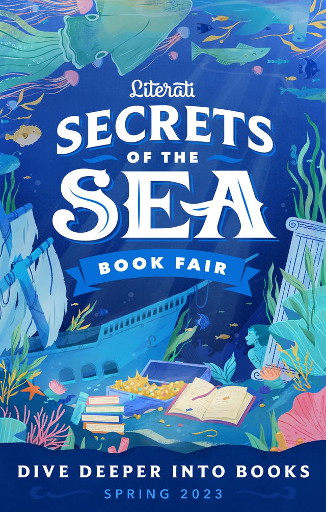 Secrets of the Sea — Book Fair — Dive Deeper into Books - Spring 2023 — Fish swimming in the sea — A sunken pirate ship — books and gold