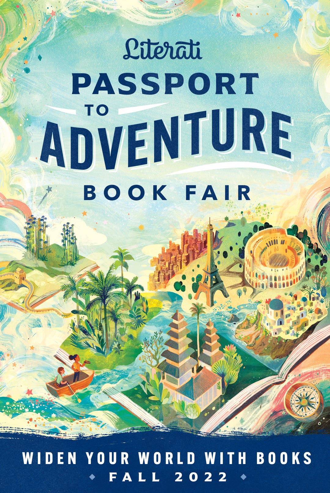 Passport to Adventure Book Fair: Widen your world with books. Fall 2022. Picture has a painting of different countries and places in the background
